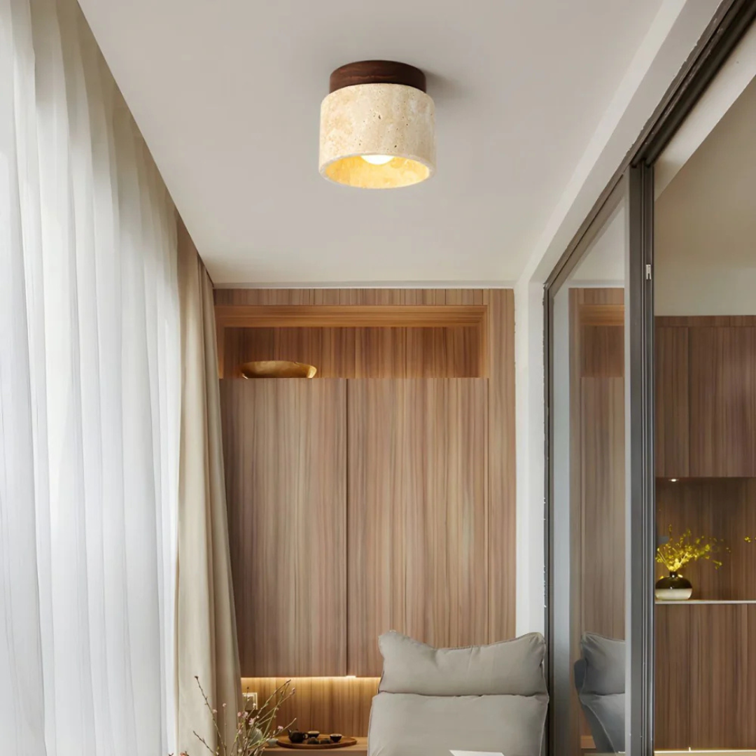 Radia - Cylindrical Travertine Ceiling Lamp with Wooden Accent