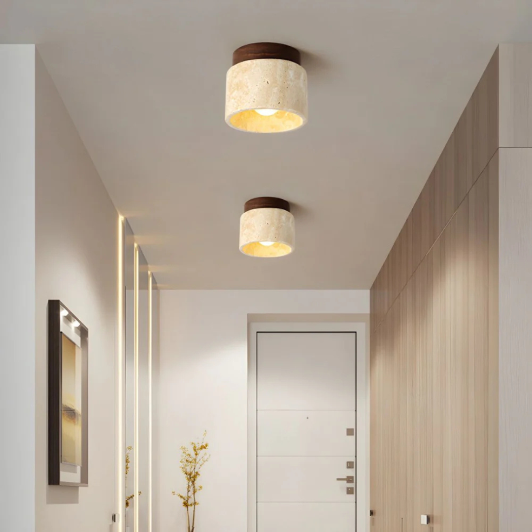 Radia - Cylindrical Travertine Ceiling Lamp with Wooden Accent