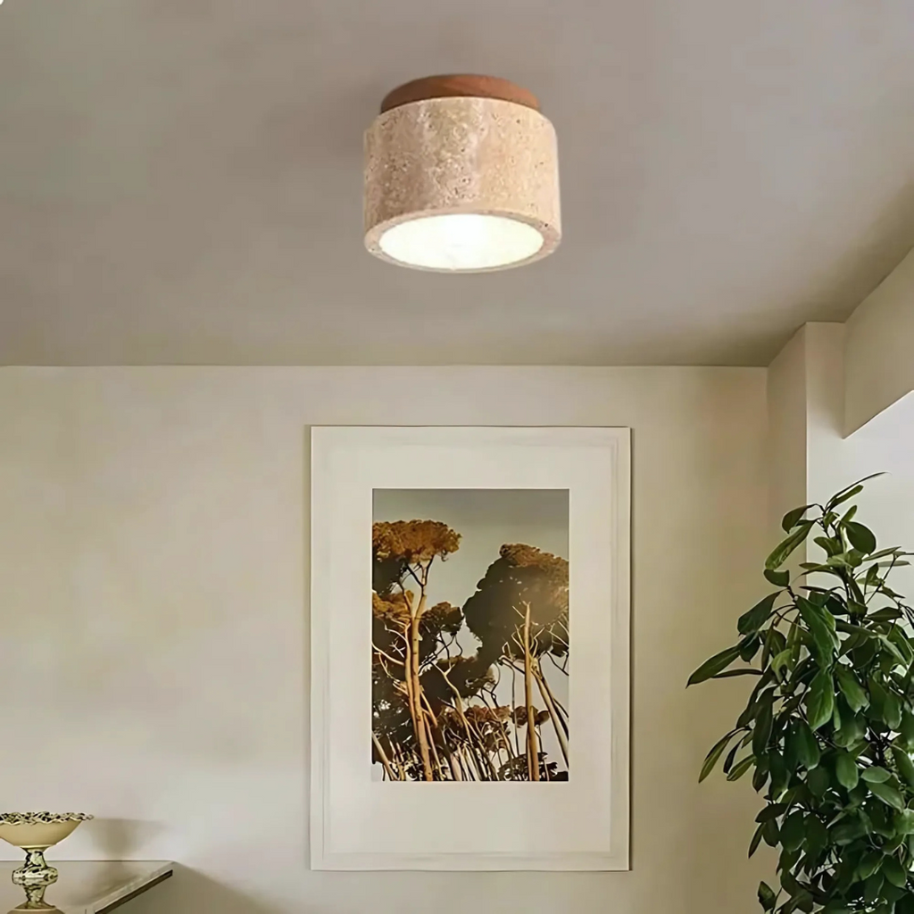 Radia - Cylindrical Travertine Ceiling Lamp with Wooden Accent
